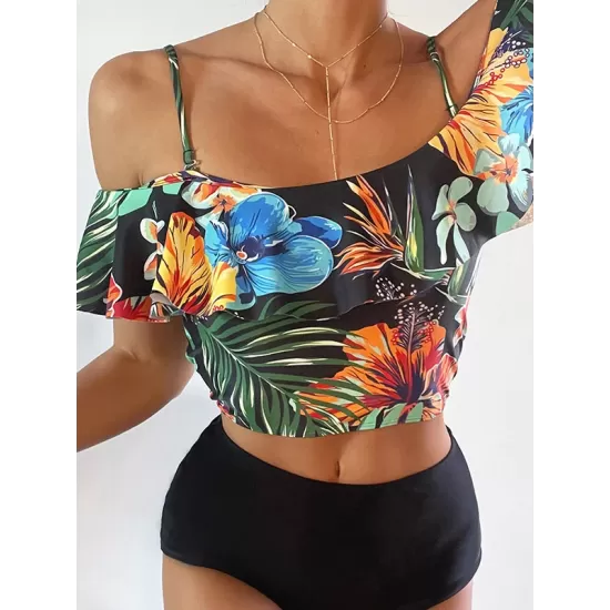 Off-The-Shoulder Floral Falbala Tank High-Waisted Bikini Swimwear Off-The-Shoulder Floral Falbala Tank High-Waisted Bikini Swimwear