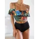 Off-The-Shoulder Floral Falbala Tank High-Waisted Bikini Swimwear Off-The-Shoulder Floral Falbala Tank High-Waisted Bikini Swimwear
