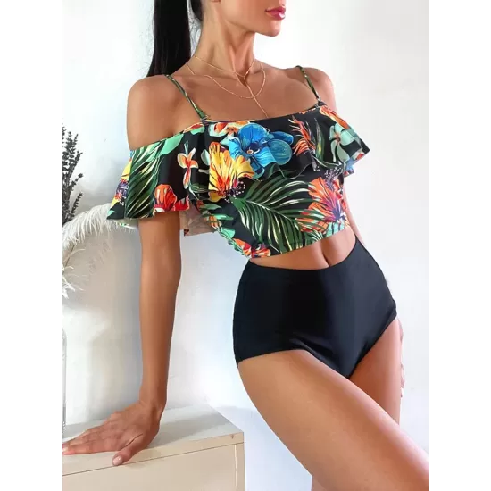 Off-The-Shoulder Floral Falbala Tank High-Waisted Bikini Swimwear Off-The-Shoulder Floral Falbala Tank High-Waisted Bikini Swimwear