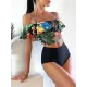 Off-The-Shoulder Floral Falbala Tank High-Waisted Bikini Swimwear Off-The-Shoulder Floral Falbala Tank High-Waisted Bikini Swimwear