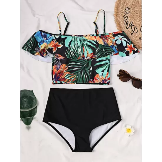Off-The-Shoulder Floral Falbala Tank High-Waisted Bikini Swimwear Off-The-Shoulder Floral Falbala Tank High-Waisted Bikini Swimwear