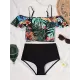 Off-The-Shoulder Floral Falbala Tank High-Waisted Bikini Swimwear Off-The-Shoulder Floral Falbala Tank High-Waisted Bikini Swimwear