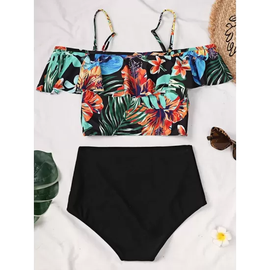 Off-The-Shoulder Floral Falbala Tank High-Waisted Bikini Swimwear Off-The-Shoulder Floral Falbala Tank High-Waisted Bikini Swimwear