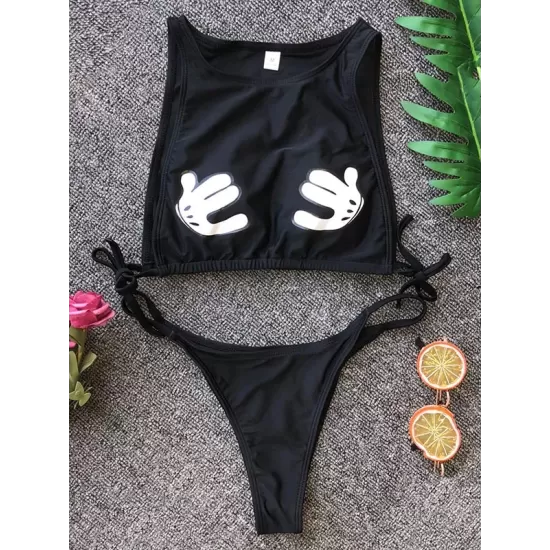 Round-Neck Cartoon Print Padded Bandage Split Tankini Swimsuit Round-Neck Cartoon Print Padded Bandage Split Tankini Swimsuit