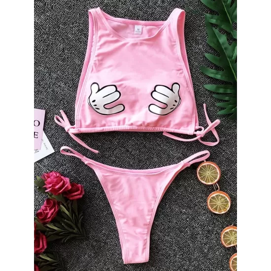 Round-Neck Cartoon Print Padded Bandage Split Tankini Swimsuit Round-Neck Cartoon Print Padded Bandage Split Tankini Swimsuit