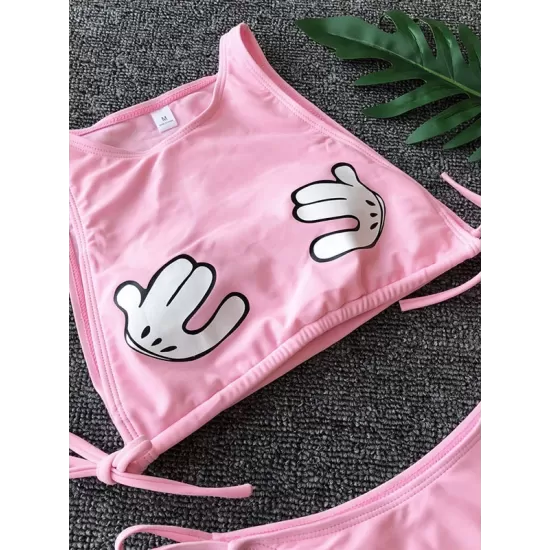 Round-Neck Cartoon Print Padded Bandage Split Tankini Swimsuit Round-Neck Cartoon Print Padded Bandage Split Tankini Swimsuit