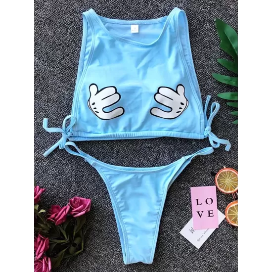Round-Neck Cartoon Print Padded Bandage Split Tankini Swimsuit Round-Neck Cartoon Print Padded Bandage Split Tankini Swimsuit