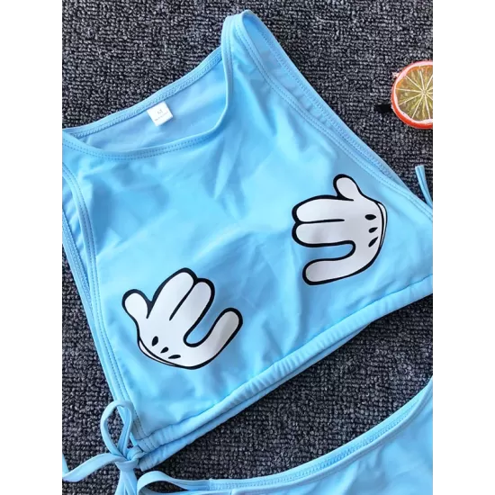 Round-Neck Cartoon Print Padded Bandage Split Tankini Swimsuit Round-Neck Cartoon Print Padded Bandage Split Tankini Swimsuit