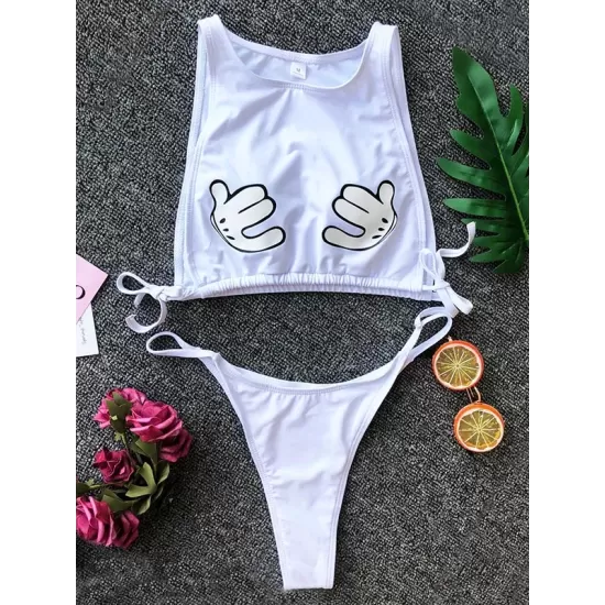 Round-Neck Cartoon Print Padded Bandage Split Tankini Swimsuit Round-Neck Cartoon Print Padded Bandage Split Tankini Swimsuit