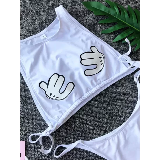 Round-Neck Cartoon Print Padded Bandage Split Tankini Swimsuit Round-Neck Cartoon Print Padded Bandage Split Tankini Swimsuit