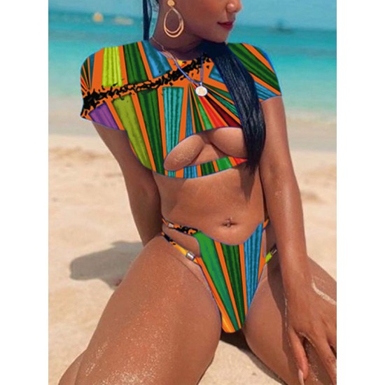 Short Sleeve Contrast Color Hollow Tankini Swimwear Short Sleeve Contrast Color Hollow Tankini Swimwear