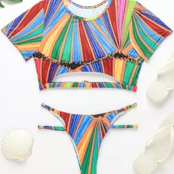 Short Sleeve Contrast Color Hollow Tankini Swimwear