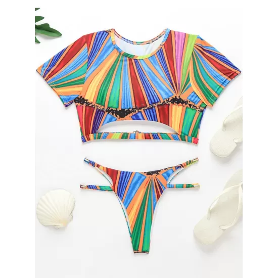 Short Sleeve Contrast Color Hollow Tankini Swimwear Short Sleeve Contrast Color Hollow Tankini Swimwear