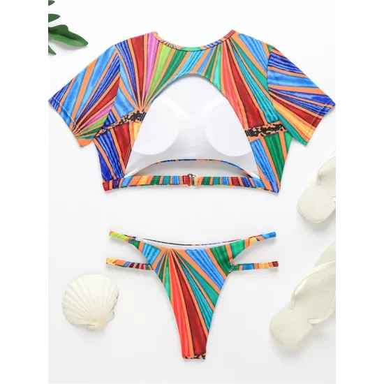 Short Sleeve Contrast Color Hollow Tankini Swimwear Short Sleeve Contrast Color Hollow Tankini Swimwear
