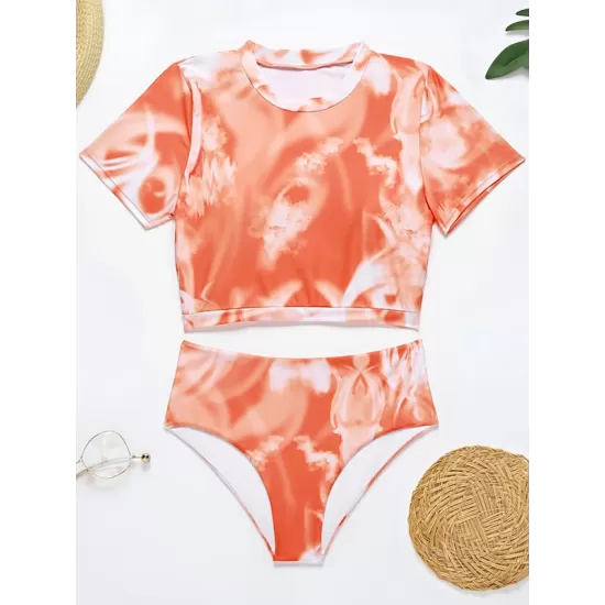 Short Sleeve Tie-Dyed High-Waisted Tankini Swimwear Short Sleeve Tie-Dyed High-Waisted Tankini Swimwear