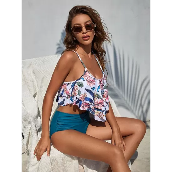 Spaghetti-Neck Floral Split-Joint Falbala High-Waisted Tankini Swimwear Spaghetti-Neck Floral Split-Joint Falbala High-Waisted Tankini Swimwear