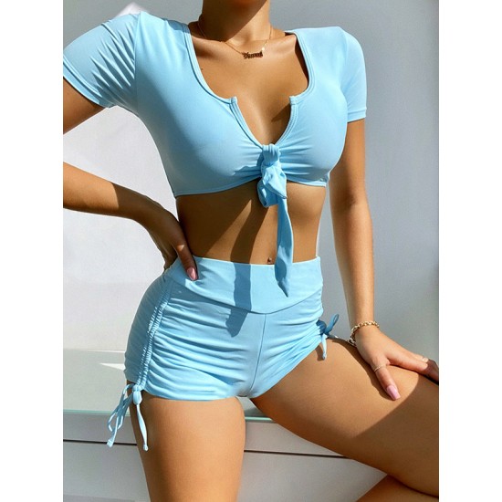 Simple Short Sleeve Bandage High-Waisted Drawstring Briefs Tankini Swimwear Simple Short Sleeve Bandage High-Waisted Drawstring Briefs Tankini Swimwear