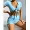 Simple Short Sleeve Bandage High-Waisted Drawstring Briefs Tankini Swimwear