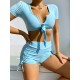 Simple Short Sleeve Bandage High-Waisted Drawstring Briefs Tankini Swimwear Simple Short Sleeve Bandage High-Waisted Drawstring Briefs Tankini Swimwear