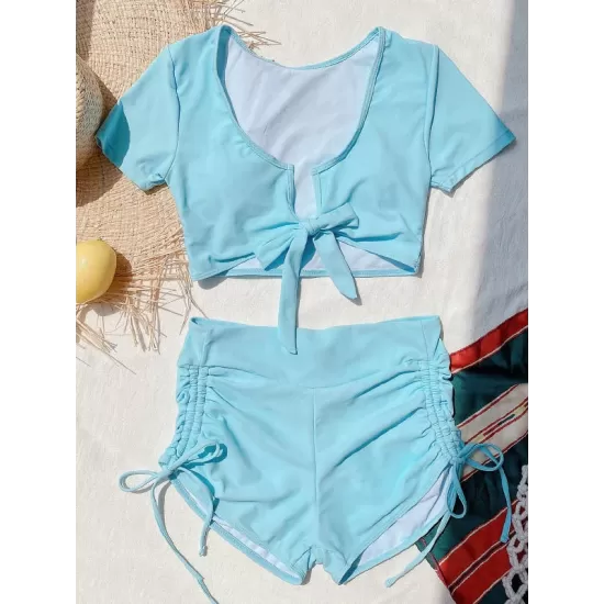 Simple Short Sleeve Bandage High-Waisted Drawstring Briefs Tankini Swimwear Simple Short Sleeve Bandage High-Waisted Drawstring Briefs Tankini Swimwear