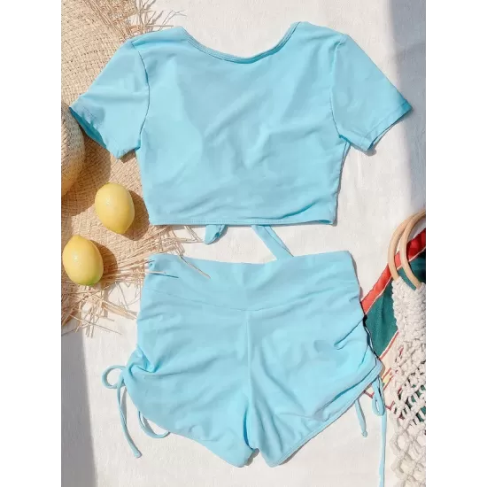 Simple Short Sleeve Bandage High-Waisted Drawstring Briefs Tankini Swimwear Simple Short Sleeve Bandage High-Waisted Drawstring Briefs Tankini Swimwear