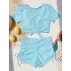 Simple Short Sleeve Bandage High-Waisted Drawstring Briefs Tankini Swimwear Simple Short Sleeve Bandage High-Waisted Drawstring Briefs Tankini Swimwear
