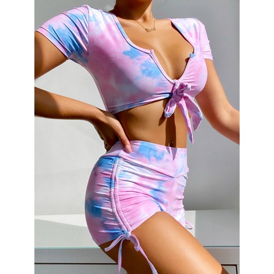 Tie-Dyed Short Sleeve Bandage High-Waisted Drawstring Briefs Tankini Swimwear Tie-Dyed Short Sleeve Bandage High-Waisted Drawstring Briefs Tankini Swimwear