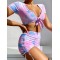 Tie-Dyed Short Sleeve Bandage High-Waisted Drawstring Briefs Tankini Swimwear