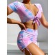 Tie-Dyed Short Sleeve Bandage High-Waisted Drawstring Briefs Tankini Swimwear Tie-Dyed Short Sleeve Bandage High-Waisted Drawstring Briefs Tankini Swimwear