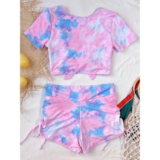 Tie-Dyed Short Sleeve Bandage High-Waisted Drawstring Briefs Tankini Swimwear Tie-Dyed Short Sleeve Bandage High-Waisted Drawstring Briefs Tankini Swimwear