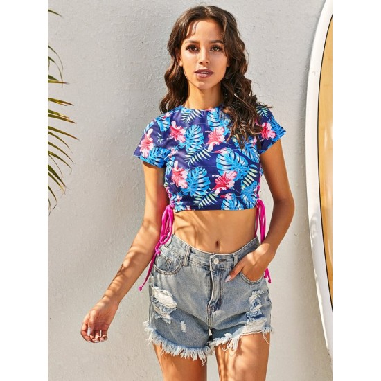 Short Sleeve Floral Drawstring Padded Tie Side Tankini Swimwear Short Sleeve Floral Drawstring Padded Tie Side Tankini Swimwear