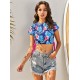 Short Sleeve Floral Drawstring Padded Tie Side Tankini Swimwear Short Sleeve Floral Drawstring Padded Tie Side Tankini Swimwear