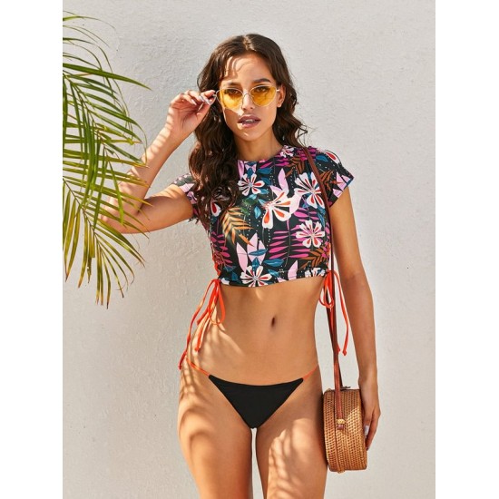 Short Sleeve Floral Drawstring Padded Tie Side Tankini Swimwear Short Sleeve Floral Drawstring Padded Tie Side Tankini Swimwear