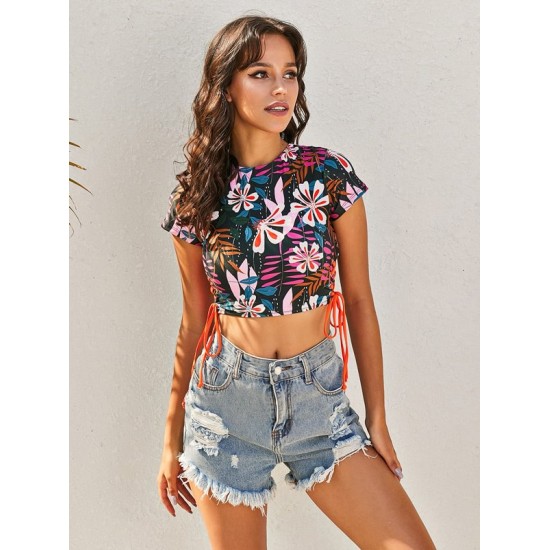 Short Sleeve Floral Drawstring Padded Tie Side Tankini Swimwear Short Sleeve Floral Drawstring Padded Tie Side Tankini Swimwear