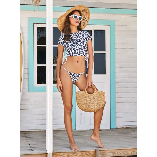 Short Sleeve Drawstring Padded Tie Side Leopard Tankini Swimwear Short Sleeve Drawstring Padded Tie Side Leopard Tankini Swimwear
