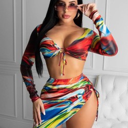 Colorful Long Sleeve Split Tankini Swimsuit+Cover-Ups Three-Piece Set