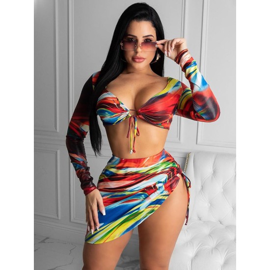 Colorful Long Sleeve Split Tankini Swimsuit+Cover-Ups Three-Piece Set Colorful Long Sleeve Split Tankini Swimsuit+Cover-Ups Three-Piece Set