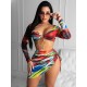 Colorful Long Sleeve Split Tankini Swimsuit+Cover-Ups Three-Piece Set Colorful Long Sleeve Split Tankini Swimsuit+Cover-Ups Three-Piece Set