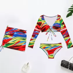 Colorful Long Sleeve Split Tankini Swimsuit+Cover-Ups Three-Piece Set