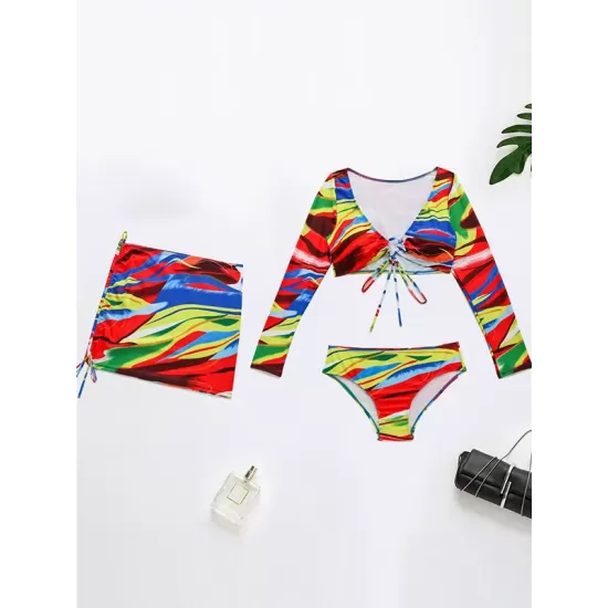 Colorful Long Sleeve Split Tankini Swimsuit+Cover-Ups Three-Piece Set Colorful Long Sleeve Split Tankini Swimsuit+Cover-Ups Three-Piece Set