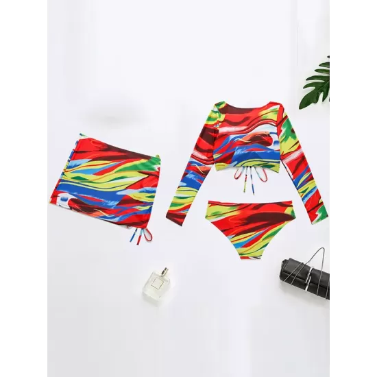 Colorful Long Sleeve Split Tankini Swimsuit+Cover-Ups Three-Piece Set Colorful Long Sleeve Split Tankini Swimsuit+Cover-Ups Three-Piece Set