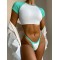 Short Sleeve Color-Block Round-Neck Padded Brazilian Tankini Swimwear