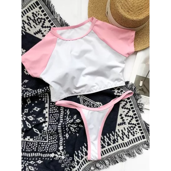 Short Sleeve Color-Block Round-Neck Padded Brazilian Tankini Swimwear Short Sleeve Color-Block Round-Neck Padded Brazilian Tankini Swimwear