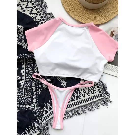 Short Sleeve Color-Block Round-Neck Padded Brazilian Tankini Swimwear Short Sleeve Color-Block Round-Neck Padded Brazilian Tankini Swimwear