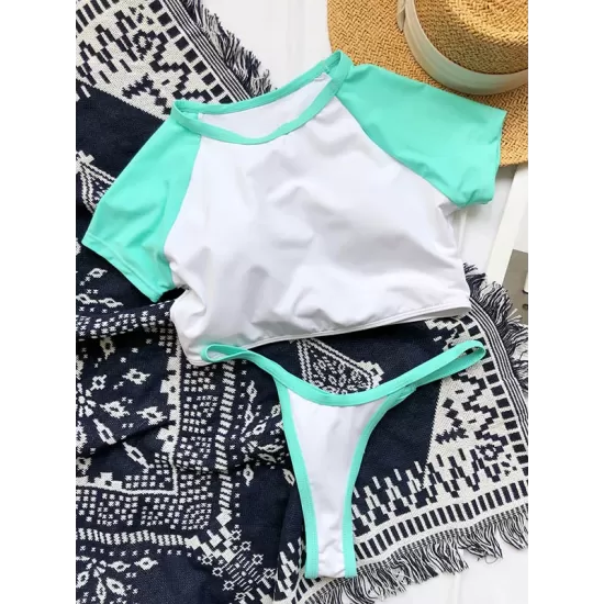 Short Sleeve Color-Block Round-Neck Padded Brazilian Tankini Swimwear Short Sleeve Color-Block Round-Neck Padded Brazilian Tankini Swimwear