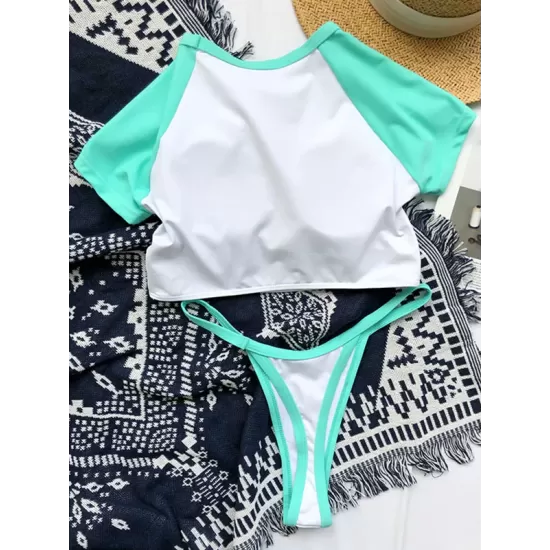 Short Sleeve Color-Block Round-Neck Padded Brazilian Tankini Swimwear Short Sleeve Color-Block Round-Neck Padded Brazilian Tankini Swimwear