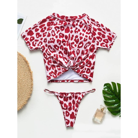 Animal Printing Round-Neck Short Sleeve Brazilian Tankini Swimwear Animal Printing Round-Neck Short Sleeve Brazilian Tankini Swimwear