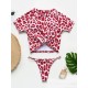 Animal Printing Round-Neck Short Sleeve Brazilian Tankini Swimwear Animal Printing Round-Neck Short Sleeve Brazilian Tankini Swimwear