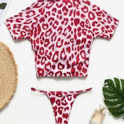 Animal Printing Round-Neck Short Sleeve Brazilian Tankini Swimwear