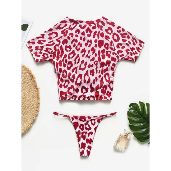 Animal Printing Round-Neck Short Sleeve Brazilian Tankini Swimwear Animal Printing Round-Neck Short Sleeve Brazilian Tankini Swimwear